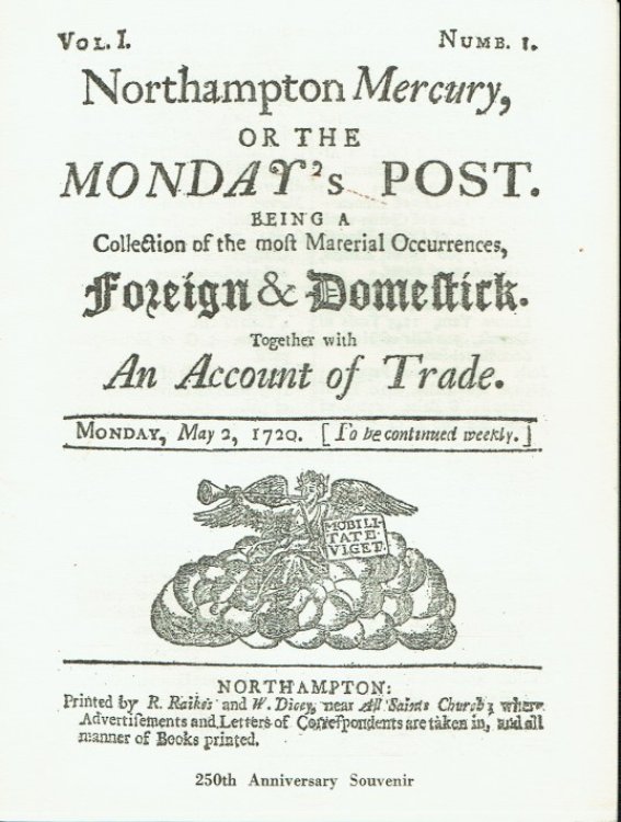 NORTHAMPTON MERCURY, OR THE MONDAY'S POST. MONDAY, MAY 2, 1720 (250TH ANNIVERSARY SOUVENIR)
