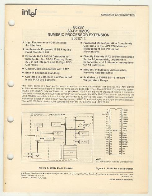 Image for ADVANCE INFORMATION - 80287 80-Bit HMOS NUMERIC PROCESSOR EXTENSION 80287-3 ADVANCE INFORMATION - 80287 80-Bit HMOS NUMERIC PROCESSOR EXTENSION 80287-3