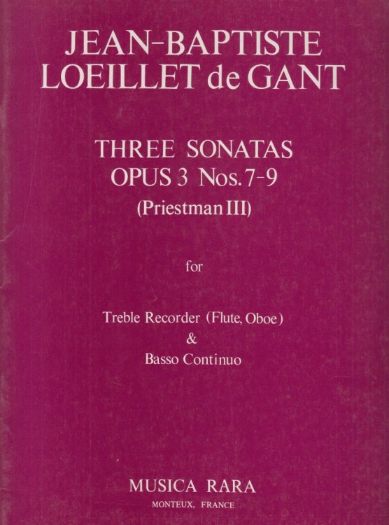 Image for Three Sonatas Op.3 Nos.7-9 for Treble Recorder (Flute, Oboe) & Basso Continuo - Set of Parts Three Sonatas Op.3 Nos.7-9 for Treble Recorder (Flute, Oboe) & Basso Continuo - Set of Parts