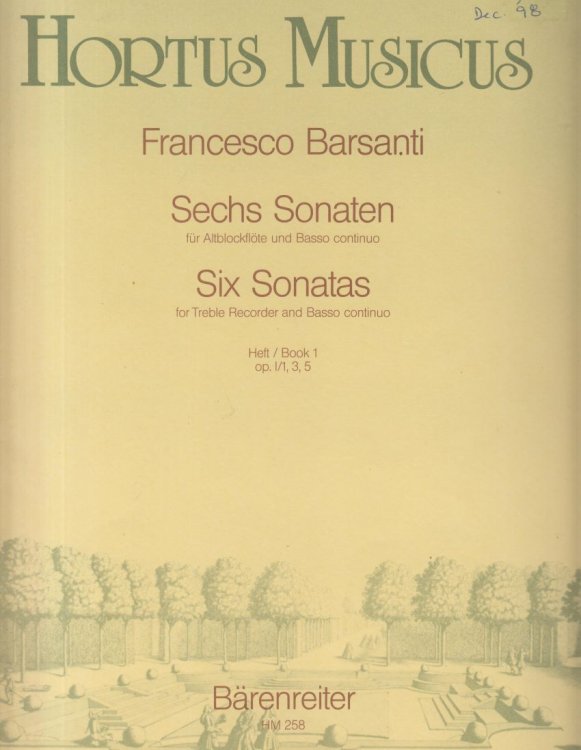 Six Sonatas for Treble Recorder and Basso Continuo - Book 1, Op.I/1, 3 & 5