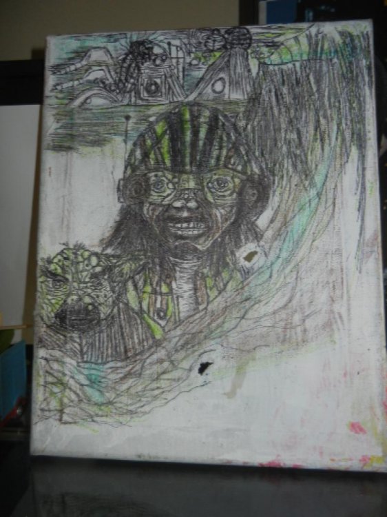 Jamal's Star Wars etching in pen on found canvas