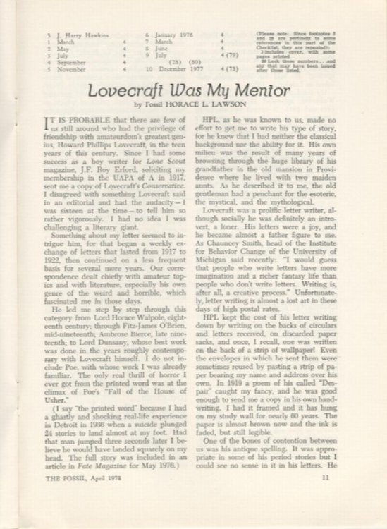 THE FOSSIL. April, 1978. Vol. 75, No. 4. Whole Number 222. WOLVERINE editor, Horace Lawson, remembers HPL.