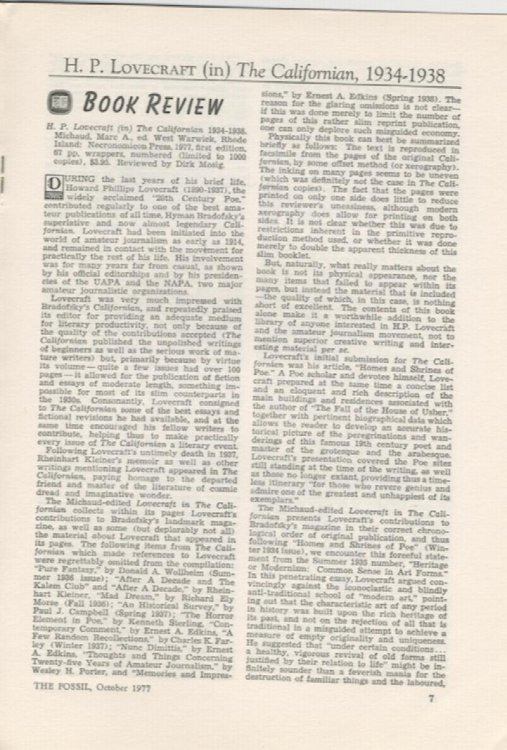 THE FOSSIL. October, 1977. Vol. 75, No. 2. Whole Number 220. HPL biography material. Price Reduced.