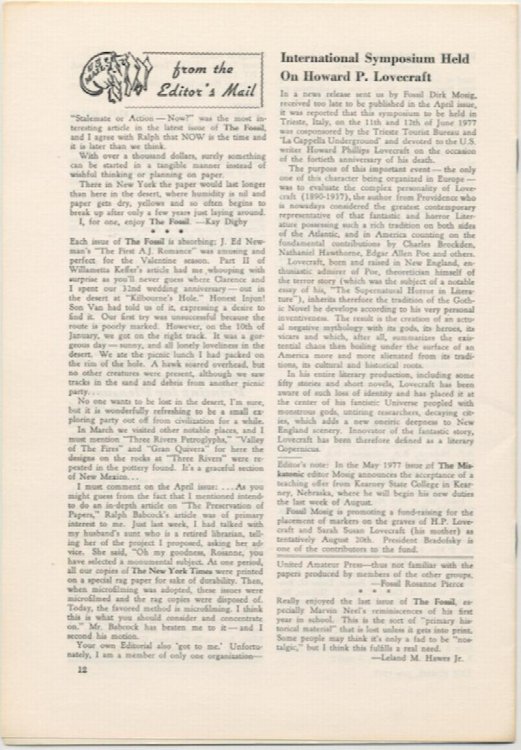 THE FOSSIL. July, 1977. Vol. 75, No. 1. Whole Number 219. HPL conference in Italy.