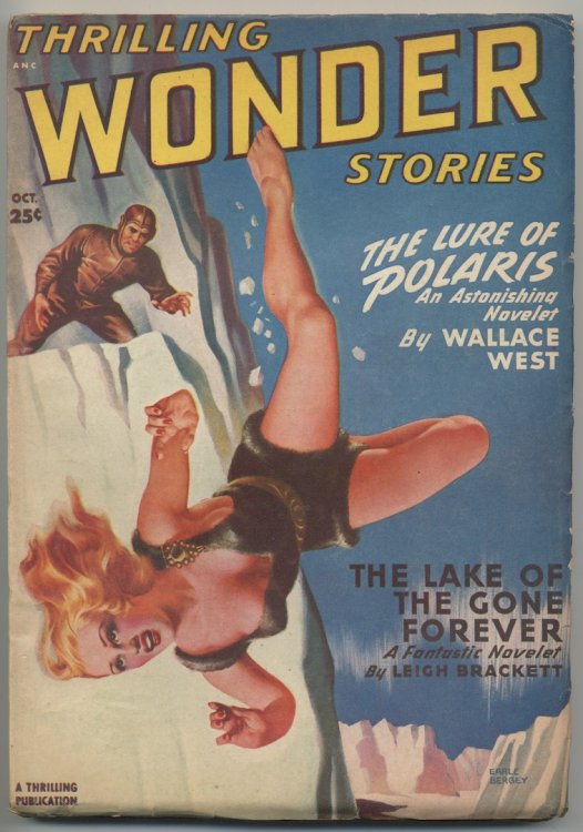 THRILLING WONDER STORIES, October, 1949. Features KALEIDOSCOPE by Ray Bradbury, THE PLANET MAKERS by L. Ron Hubbard, COLD WAR by Henry Kuttner, THE LAKE OF THE GONE FOREVER by Leigh Brackett.pu