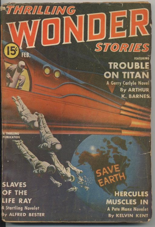 THRILLING WONDER STORIES. Feb., 1941. Alfred Bester, and Art Barnes. Sale priced.