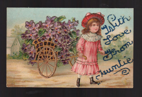 Girl with Flower Cart Embossed Glitter Auntie Postcard