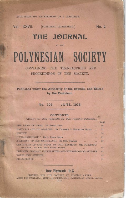 Image for The Journal of the Polynesian Society. Vol. XXVII, 2. No. 106, December 1918. The Journal of the Polynesian Society. Vol. XXVII, 2. No. 106, December 1918.