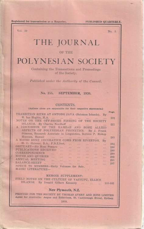 Image for The Journal of the Polynesian Society. Vol. 39. No. 3. September 1930. No. 155. The Journal of the Polynesian Society. Vol. 39. No. 3. September 1930. No. 155.