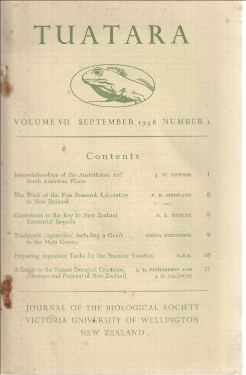 Tuatara. Journal of the Biological Society Victoria University of Wellington New Zealand. Volume VII, September 1958, Number 1