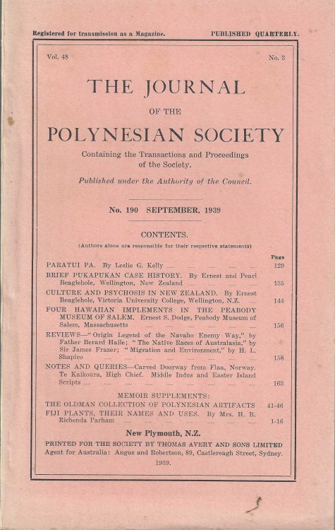 Image for The Journal of the Polynesian Society. No. 190. Vol. 48. No. 3. September 1939. The Journal of the Polynesian Society. No. 190. Vol. 48. No. 3. September 1939.