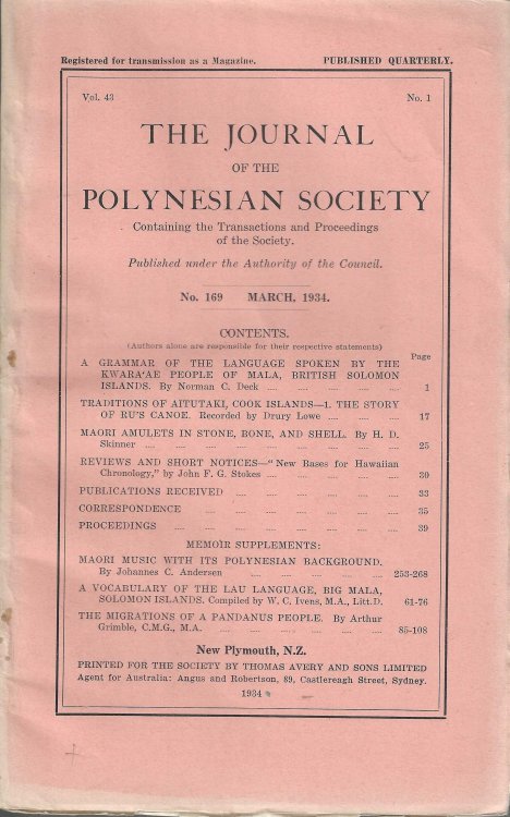 Image for The Journal of the Polynesian Society. No. 169. Vol. 43, No. 1. March 1934. The Journal of the Polynesian Society. No. 169. Vol. 43, No. 1. March 1934.