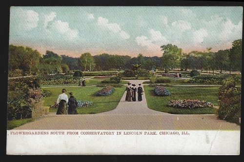 FLOWERGRADENS SOUTH FROM CONSERVATORY IN LINCOLN PARK, CHICAGO, ILLINOIS