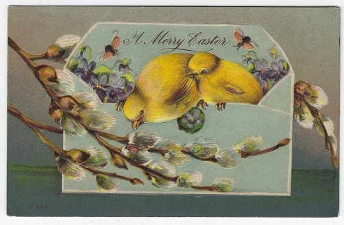 MERRY EASTER POSTCARD WITH CHICKS, FLOWERS AND PUSSY WILLOWS