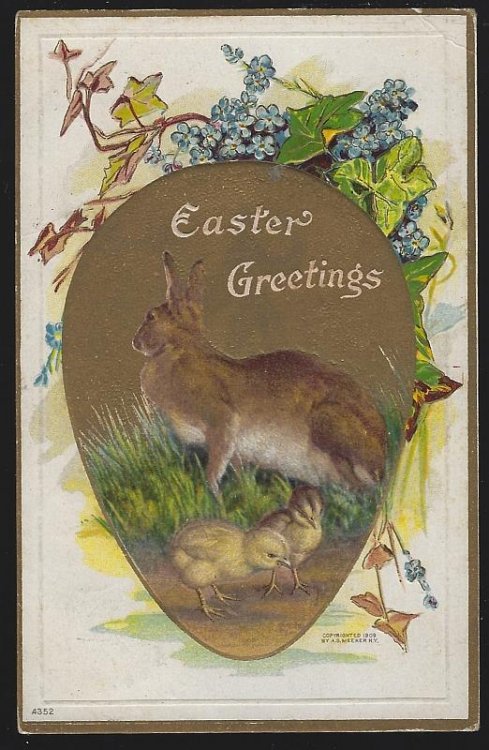 EASTER GREETINGS POSTCARD WITH BUNNY AND CHICKS