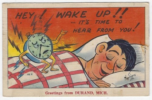 SLEEPING MAN AND ALARM CLOCK, GREETINGS FROM DURAND, MICHIGAN