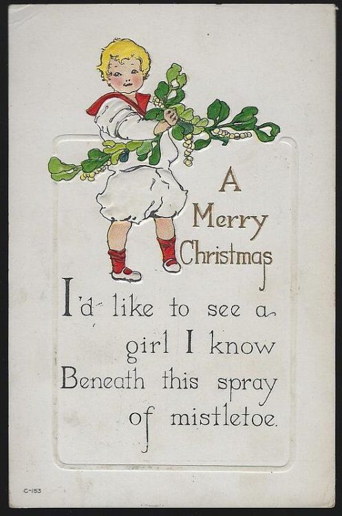MERRY CHRISTMAS POSTCARD WITH LITTLE BOY AND MISTLETOE
