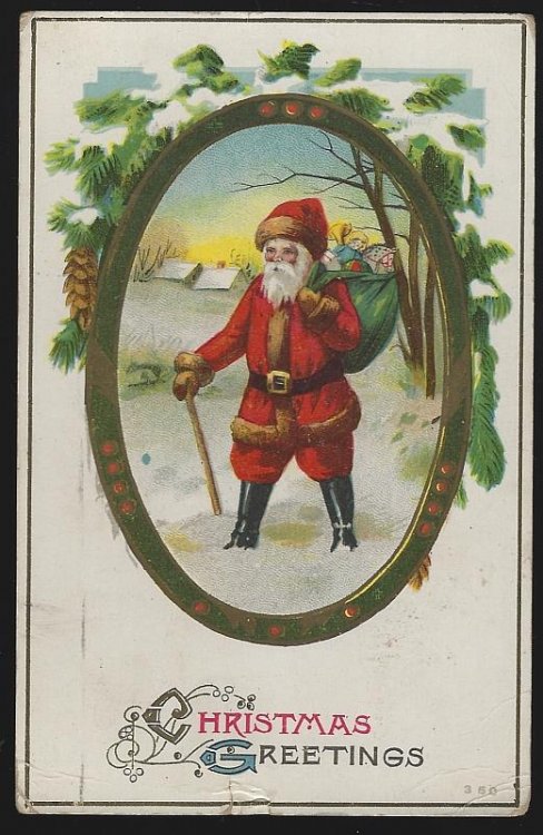 CHRISTMAS GREETINGS POSTCARD WITH SANTA CLAUS WALKING WITH TOY SACK