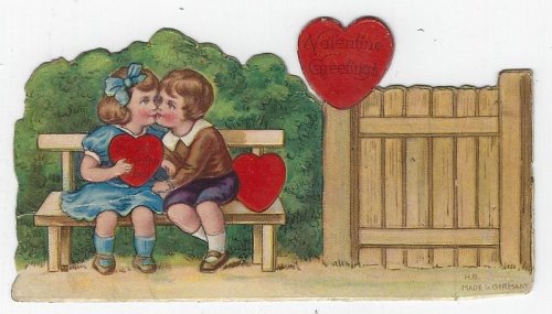 VINTAGE VALENTINE CARD WITH BOY AND GIRL KISSING ON BENCH