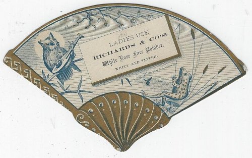 VICTORIAN DIE CUT FAN TRADE CARD FOR RICHARDS & CO'S WHITE ROSE FACE POWDER