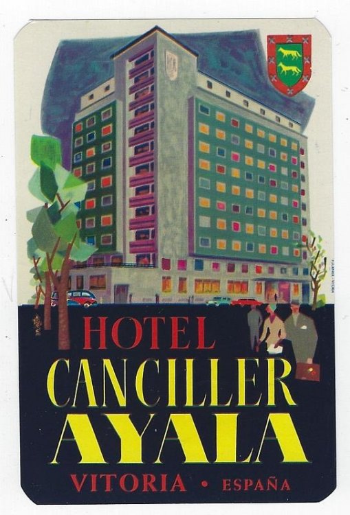VINTAGE LUGGAGE LABEL FOR HOTEL CANCILLER AYALA VITORIA, ESPANA