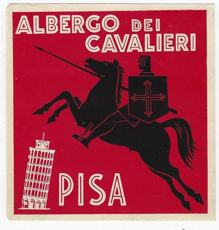 VINTAGE LUGGAGE LABEL FOR ALBERGO DEI CAVALIERI, PISA, ITALY