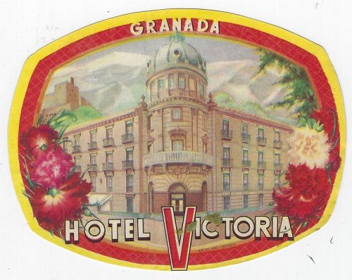 VINTAGE LUGGAGE LABEL FOR HOTEL VICTORIA, GRANADA, SPAIN