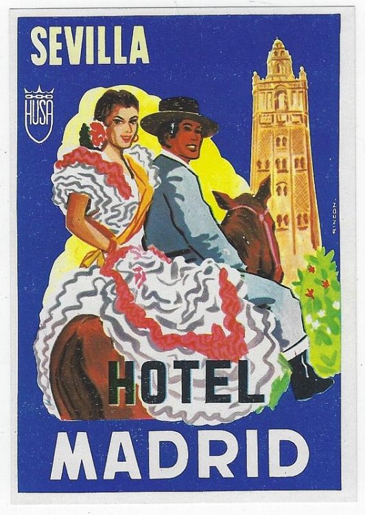 VINTAGE LUGGAGE LABEL FOR HOTEL MADRID, SEVILLA, SPAIN