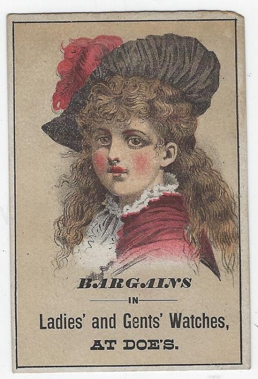 VICTORIAN TRADE CARD FOR DOE'S WATCHES