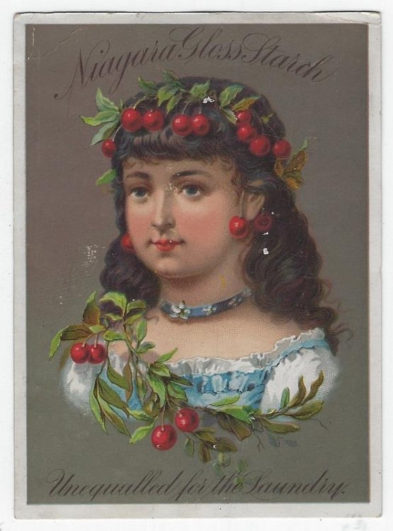 VICTORIAN TRADE CARD FOR NIAGARA STARCH WITH LOVELY GIRL AND CHERRIES