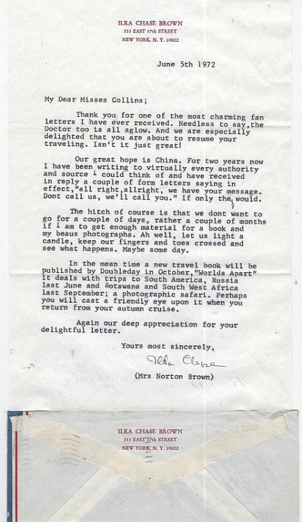 SIGNED LETTER BY ILKA CHASE ON LETTERHEAD WITH ORIGINAL ENVELOPE