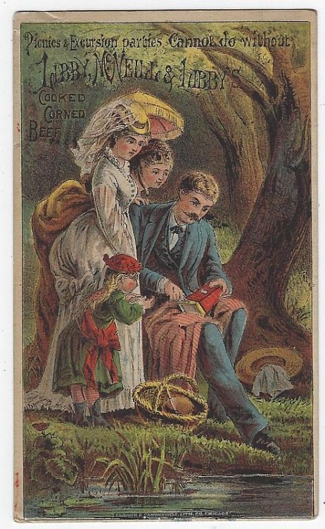 VICTORIAN TRADE CARD FOR LIBBY'S COOKED CORNED BEEF WITH FAMILY PICNIC