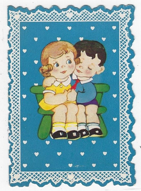 VINTAGE VALENTINE CARD WITH BOY AND GIRL SITTING ON BENCH