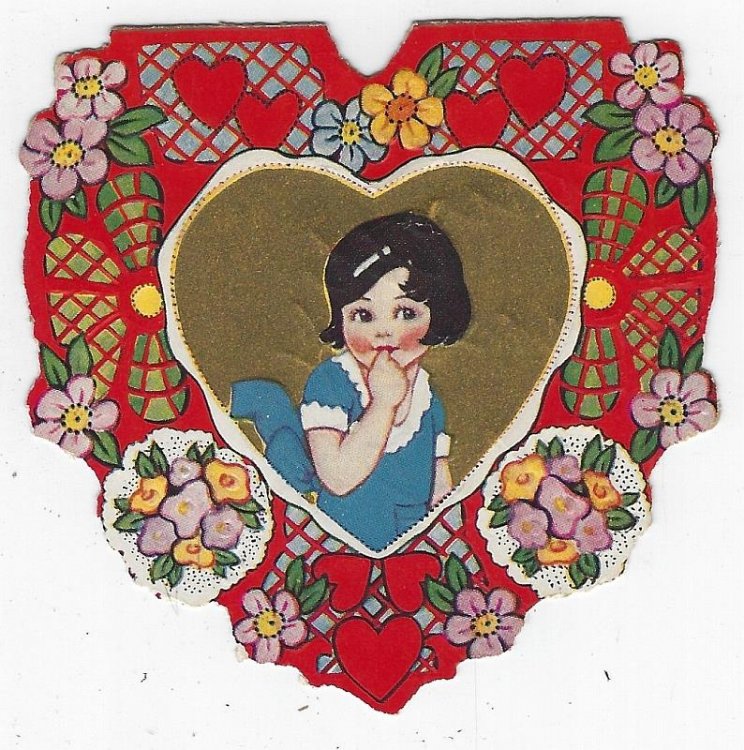 VINTAGE HEART SHAPED VALENTINE CARD WITH LITTLE GIRL IN BLUE DRESS