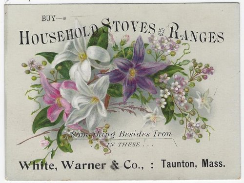 VICTORIAN TRADE CARD FOR HOUSEHOLD STOVES AND RANGES WITH FLOWERS