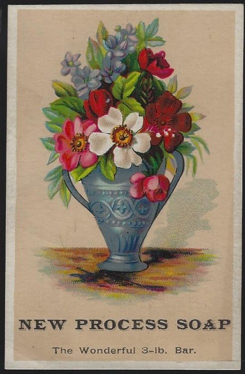 VICTORIAN TRADE CARD FOR NEW PROCESS SOAP WITH VASE FULL OF FLOWERS