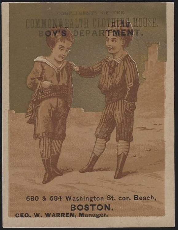 VICTORIAN TRADE CARD FOR COMMONWEALTH CLOTHING HOUSE, BOY'S DEPARTMENT, BOSTON