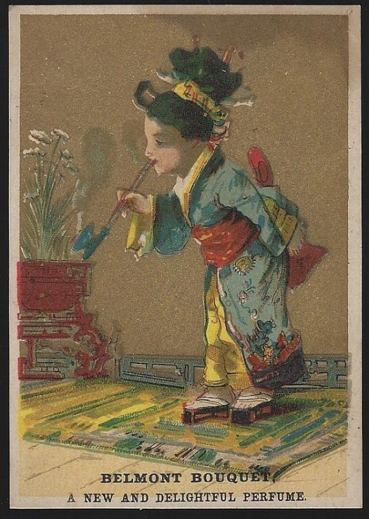 VICTORIAN TRADE CARD FOR BELMONT BOUQUET, PERFUME WITH ORIENTAL LADY SMOKING A PIPE