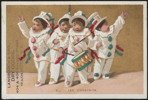 VICTORIAN TRADE CARD FOR LANSBURGH DRY GOODS, WASHINGTON, D. C. WITH LES CONSCRITS