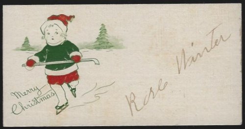 VINTAGE MERRY CHRISTMAS GIFT TAG WITH ICE HOCKEY PLAYER
