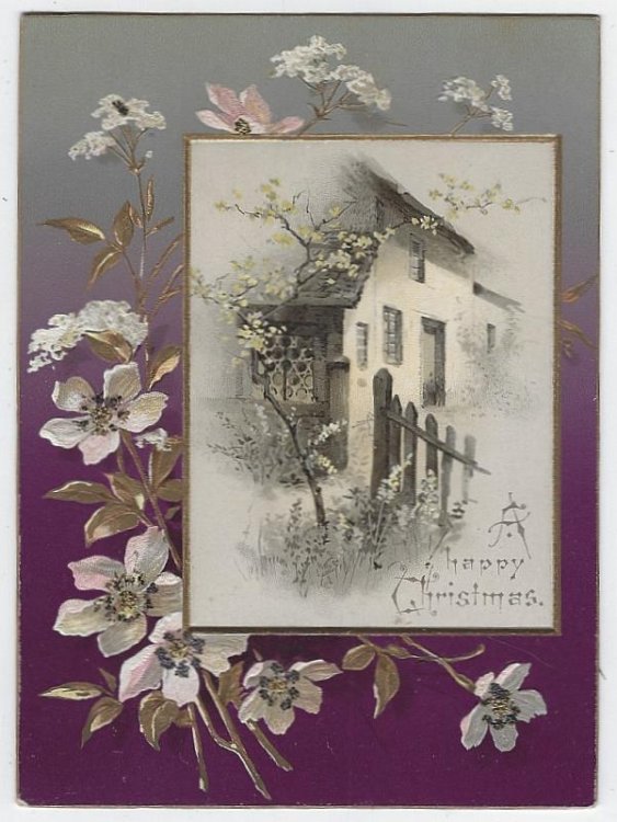 HAPPY CHRISTMAS CARD WITH HOUSE AND FLOWERS