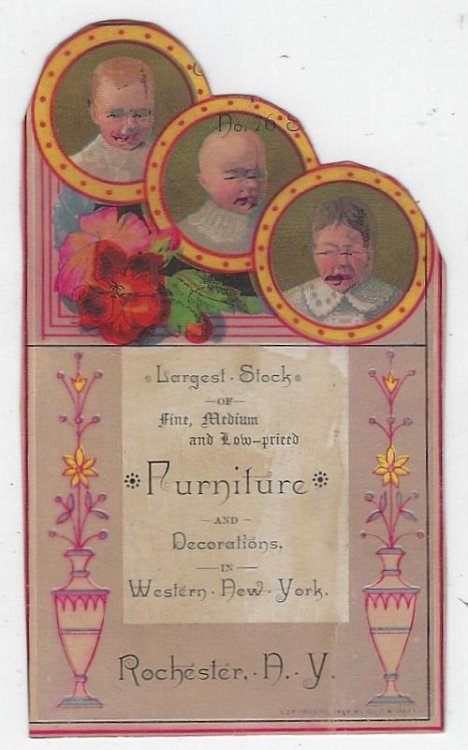 VICTORIAN DIE CUT TRADE CARD FOR FURNITURE AND DECORATIONS, ROCHESTER, NEW YORK WITH CHILDREN