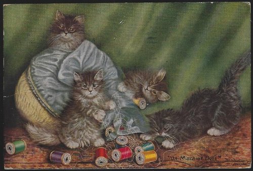KITTENS PLAYING IN SEWING BASKET WITH THREAD, ON MISCHIEF BENT