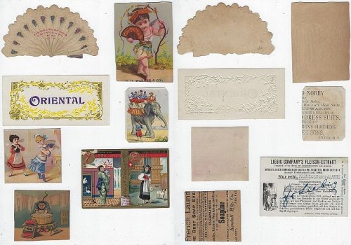 LOT OF SEVEN SCRAP VICTORIAN TRADE CARDS FEATURING ORIENTALS, LADIES WITH FANS