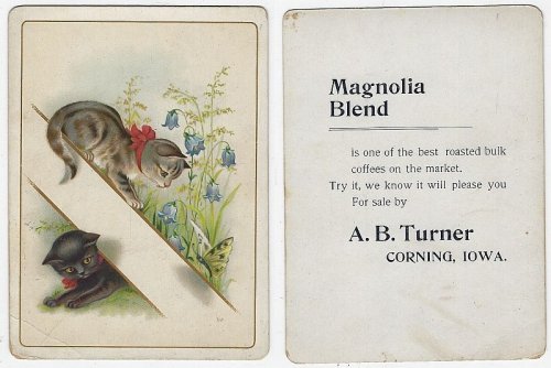 VICTORIAN TRADE CARD FOR MAGNOLIA BLEND COFFEE, A. B. TURNER, CORNING, IOWA WITH KITTENS PLAYING WITH BUTTERFLIES