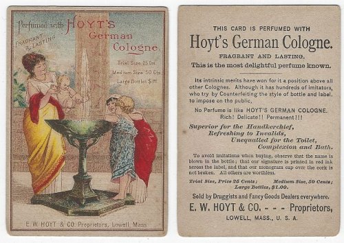 VICTORIAN TRADE CARD PERFUMED WITH HOYT'S GERMAN COLOGNE WITH MOTHER AND CHILDREN AT FOUNTAIN