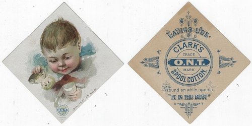 VICTORIAN DIE CUT TRADE CARD FOR CLARK'S SPOOL COTTON THREAD, LITTLE BOY WITH A DOLL, BORN TO BE A SURGEON