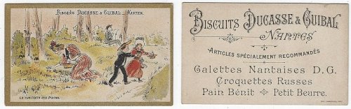 VICTORIAN TRADE CARD FOR BISCUITS DUCASSE AND GUIBAL, NARTES WITH FAMILY PICKING STRAWBERRIES