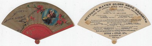VICTORIAN DIE CUT FAN TRADE CARD FOR BUTTON'S RAVEN GLOSS SHOE DRESSING TRADE CARD WITH LOVELY LADY SURROUNDED BY FLOWERS