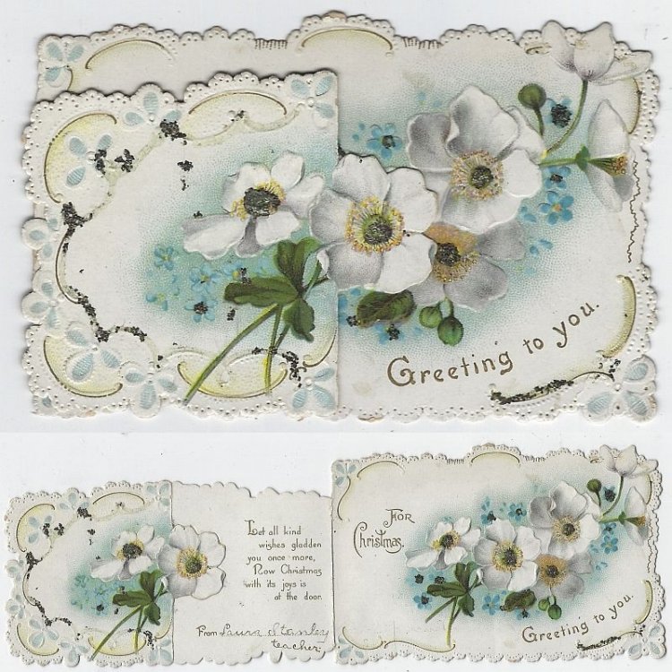 GREETING TO YOU FOLD OUT CHRISTMAS CARD WITH FLOWERS AND GLITTER